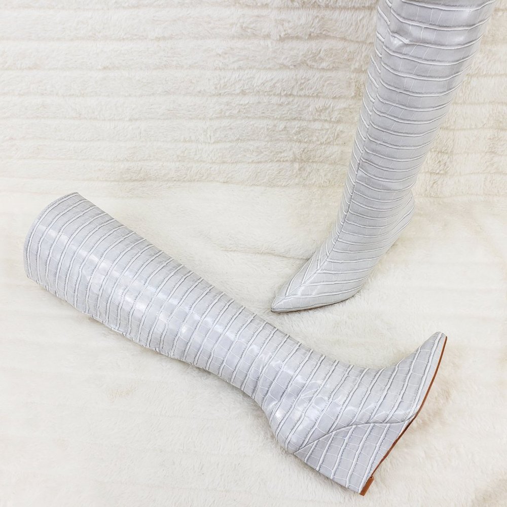 So Me Silver Croc-Embossed Knee-High Pointed-Toe Heeled Boots